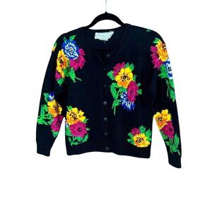 Adrienne Vittadini Cardigan Sweater Black Floral Cottagecore Vintage 90s Size P